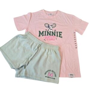 NWT Disney Minnie Mouse Tee and Shorts Set Tennis Theme Pink and Green XS